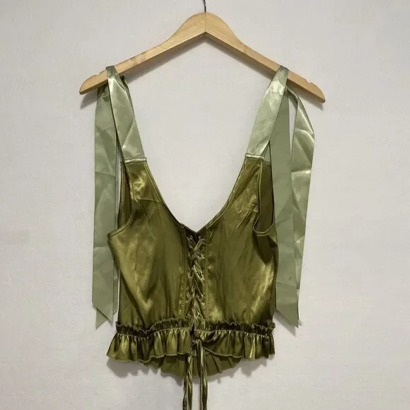 Ribbon Corset Top Medium Whimsical Satiny Chartreuse Lace Up Back Fairy - Picture 8 of 8